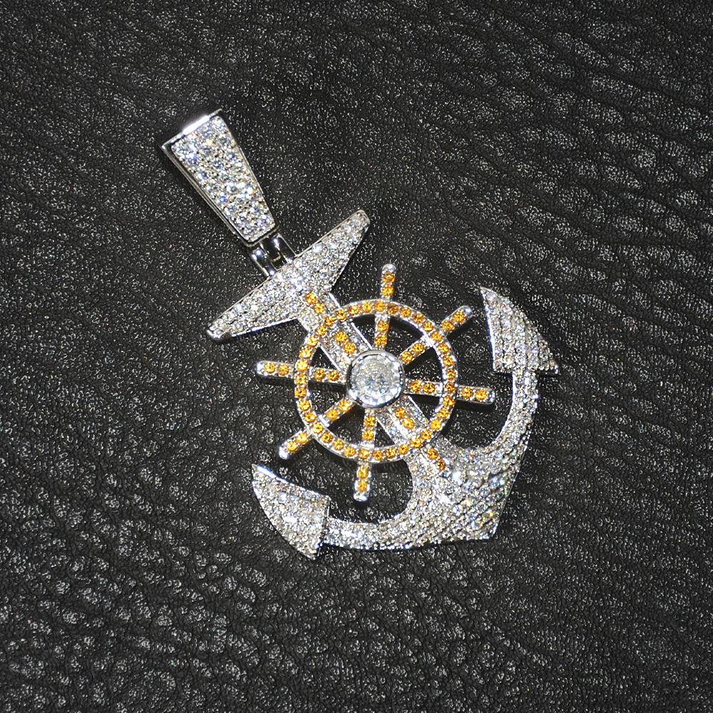 Iced Anchor and Rudder Pendant in White Gold