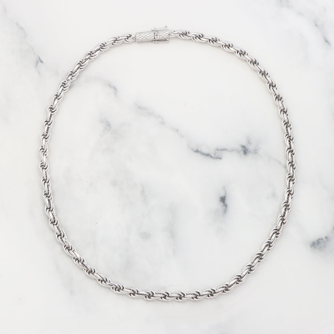 6mm Plain White Gold Rope Chain with Moissanite Clasp in Sterling Silver