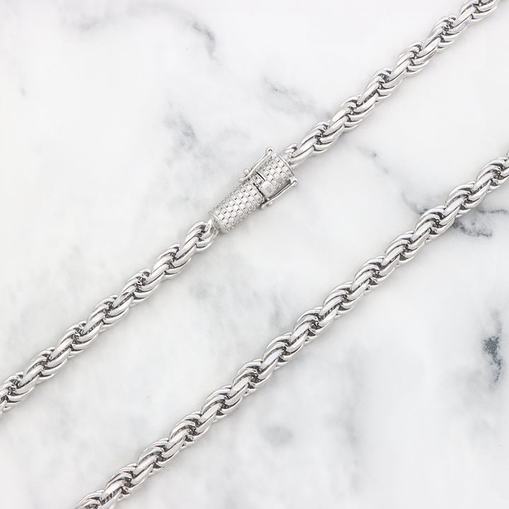 6mm Plain White Gold Rope Chain with Moissanite Clasp in Sterling Silver