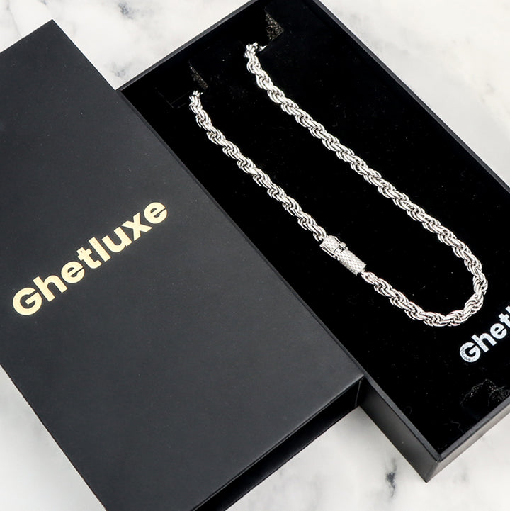 6mm Plain White Gold Rope Chain with Moissanite Clasp in Sterling Silver