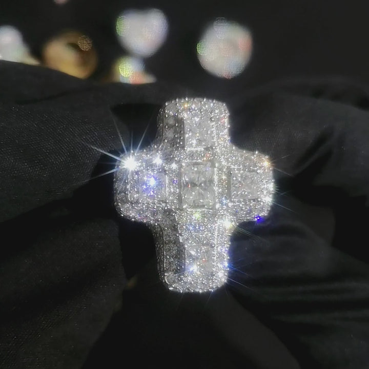 Moissanite Big Diamond Cross Ring in Sterling Silver