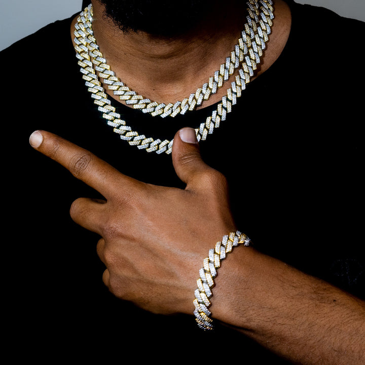 Two-Tone Iced Prong Cuban Link Bracelet in Gold and White Gold Plating
