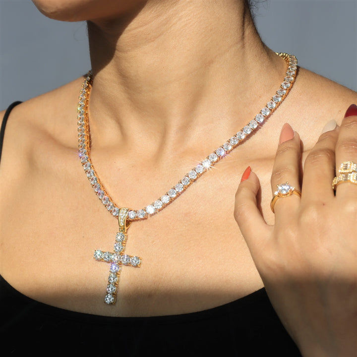 Women's Gold Diamond Cross Pendant + 5mm Tennis Chain
