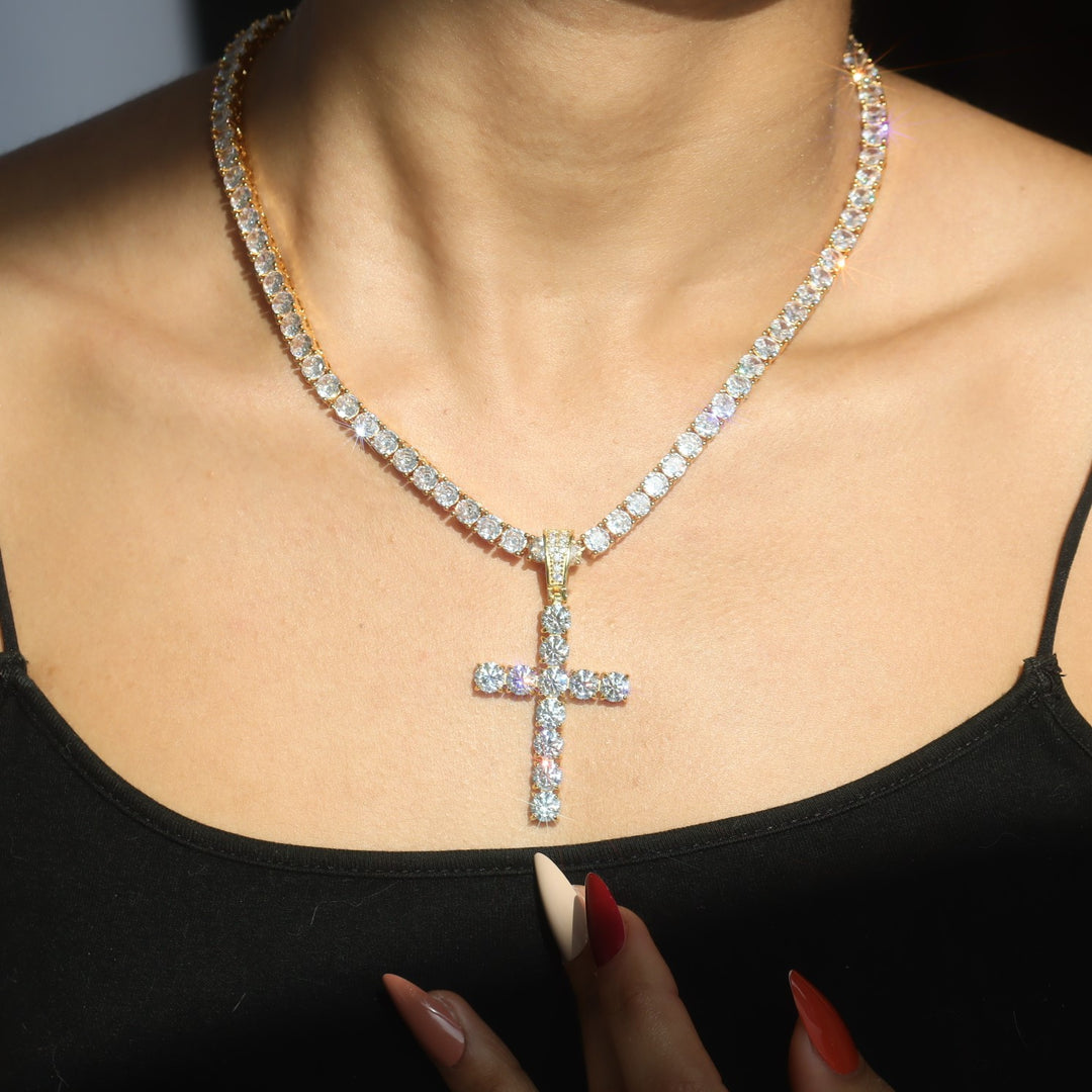 Women's Gold Diamond Cross Pendant + 5mm Tennis Chain