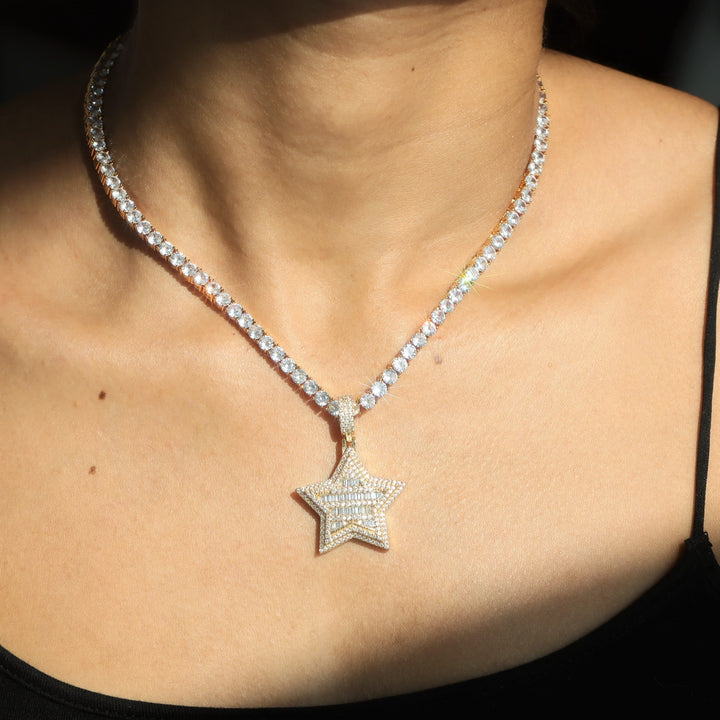 Women's Baguette Diamond Star Pendant+4mm Diamond Tennis Chain