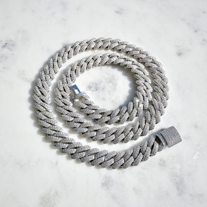 14mm Two-row Prong Cuban Link Chain in White Gold