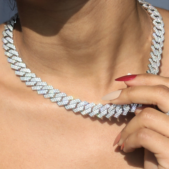 Women's 13mm Diamond Prong Cuban Chain in White Gold