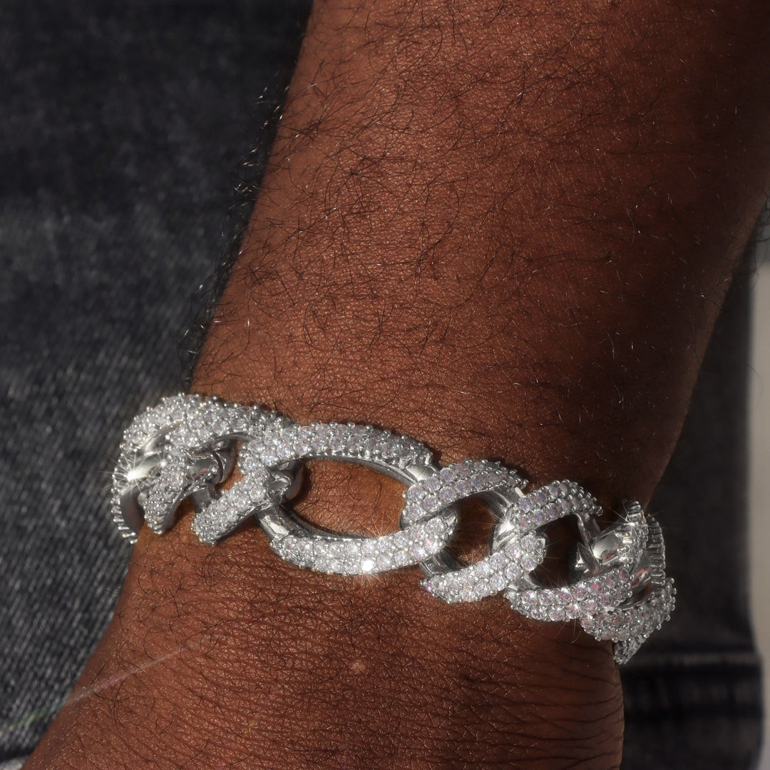 19mm Diamond Figaro Chain+Bracelet Bundle in White Gold