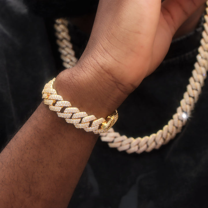 14mm Two-Row Prong Cuban Link Chain + Bracelet Bundle in Gold