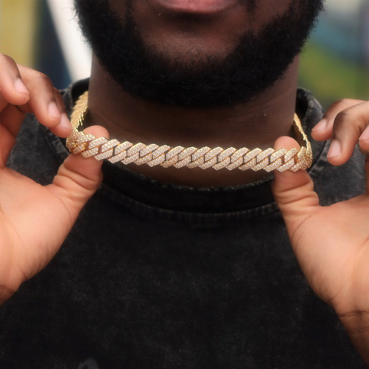 14mm Two-Row Prong Cuban Link Chain in Gold