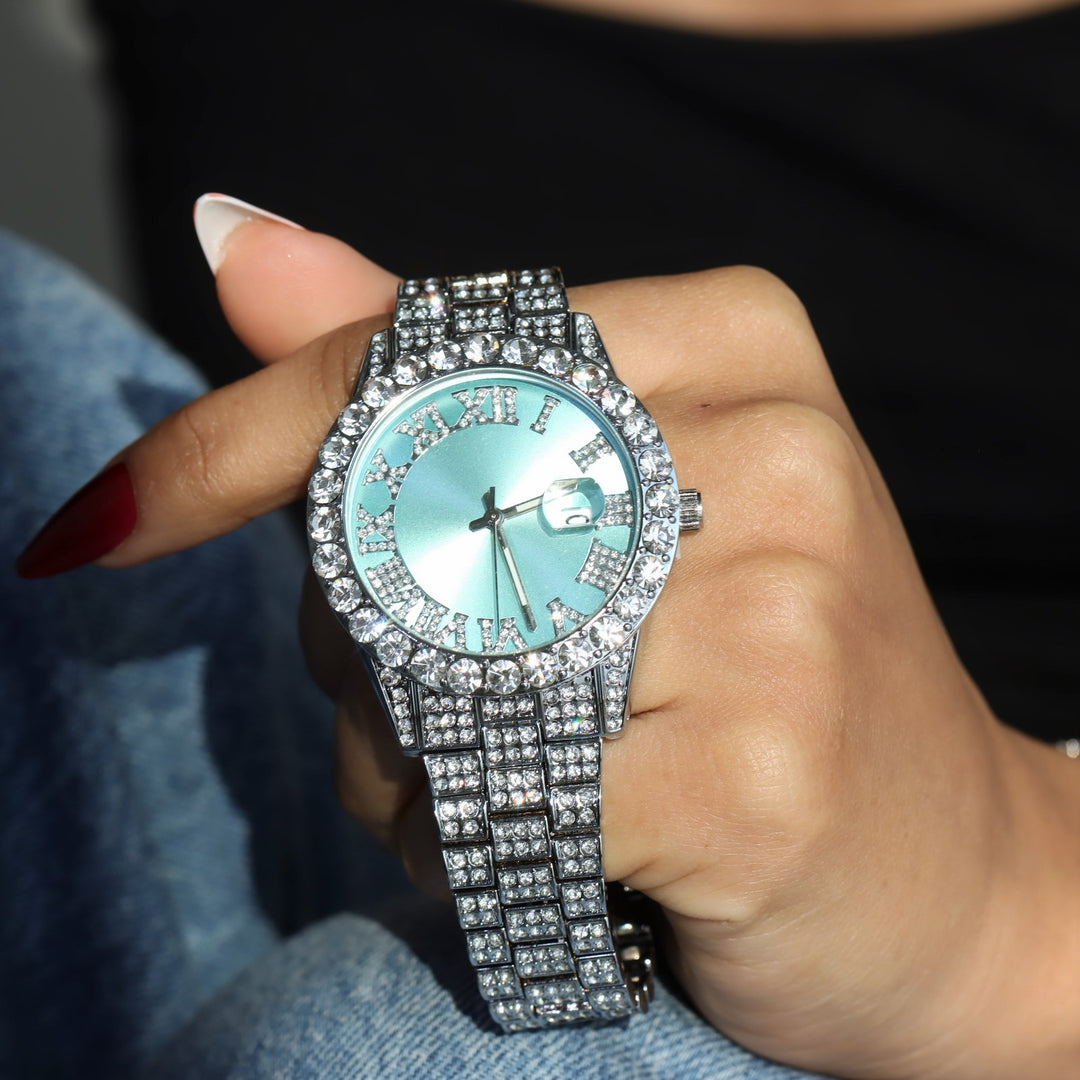 Women's Iced Watch with Roman Numerals Ice Blue Dial