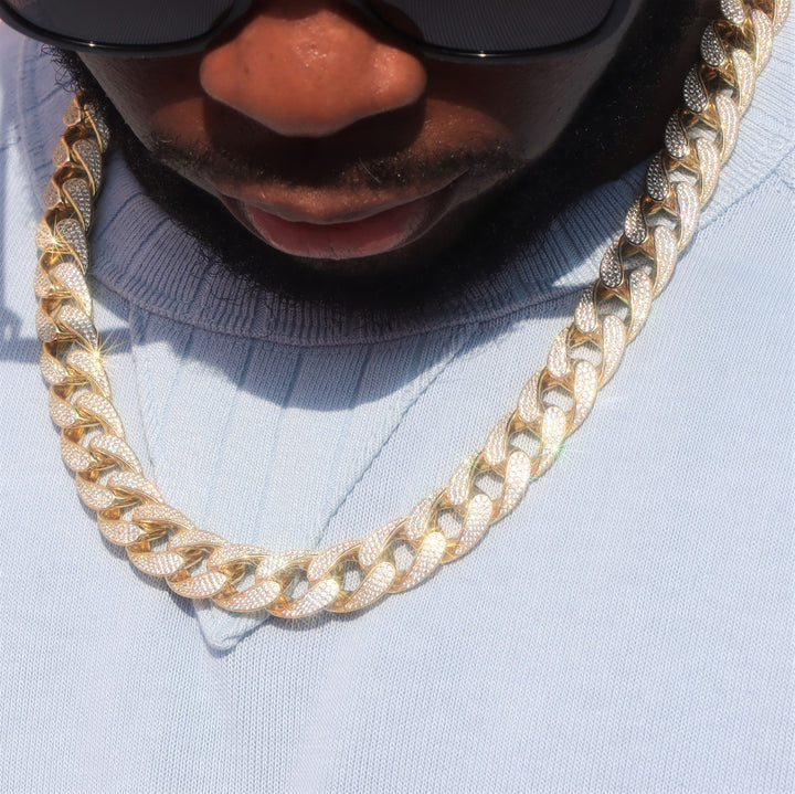 15mm Iced Cuban Link Chain in 18K Gold