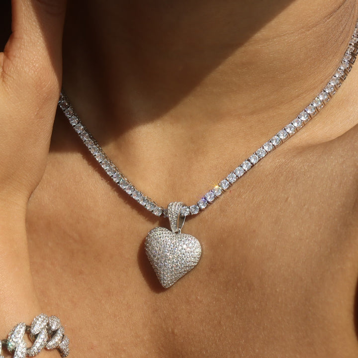 Women's Diamond Heart Pendant with 4mm Tennis Chain in White Gold