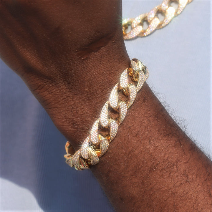15mm Iced Cuban Bracelet in 18K Gold