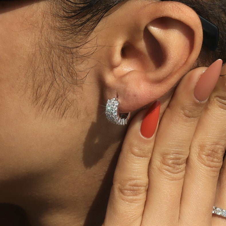 Women's 3-Row Moissanite Huggie Hoop Earrings in Sterling Silver