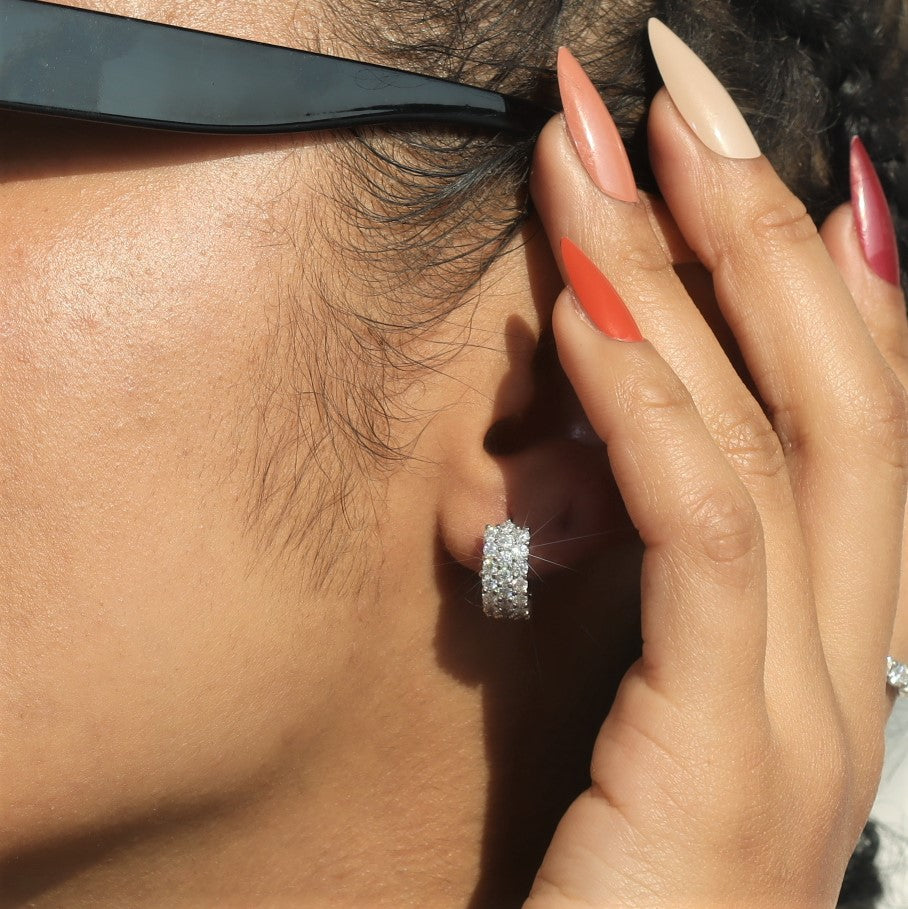 Women's 3-Row Moissanite Huggie Hoop Earrings in Sterling Silver