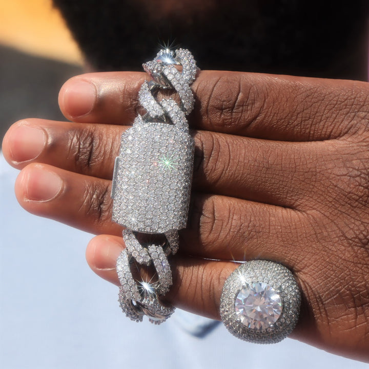 19mm Diamond Figaro Chain+Bracelet Bundle in White Gold