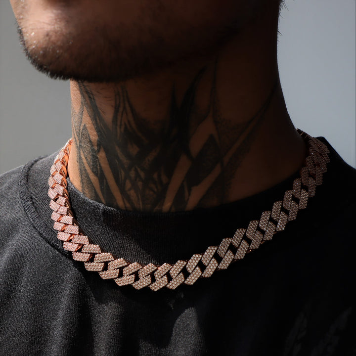 15mm Three-Row Diamond Prong Cuban Link Chain in Rose Gold
