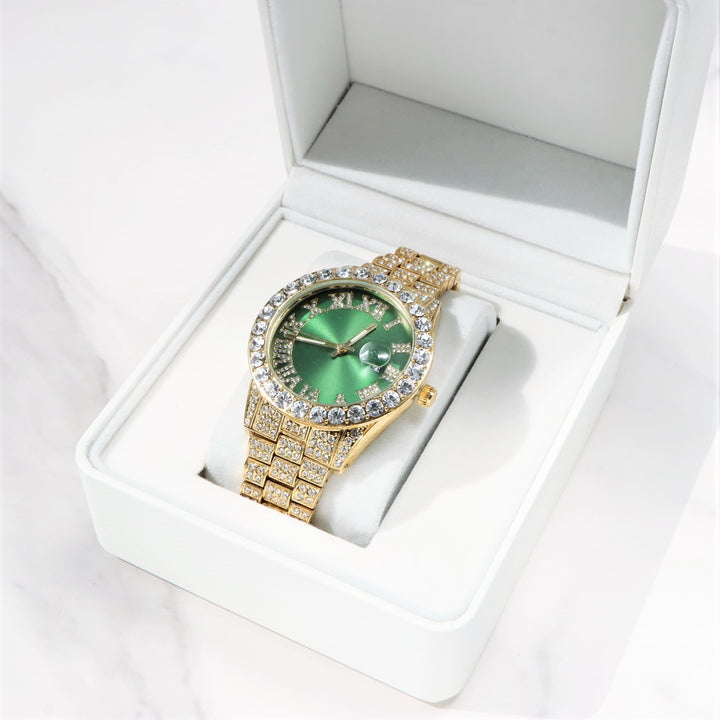 Full Iced Gold Watch mit römischen Ziffern, grünes Zifferblatt