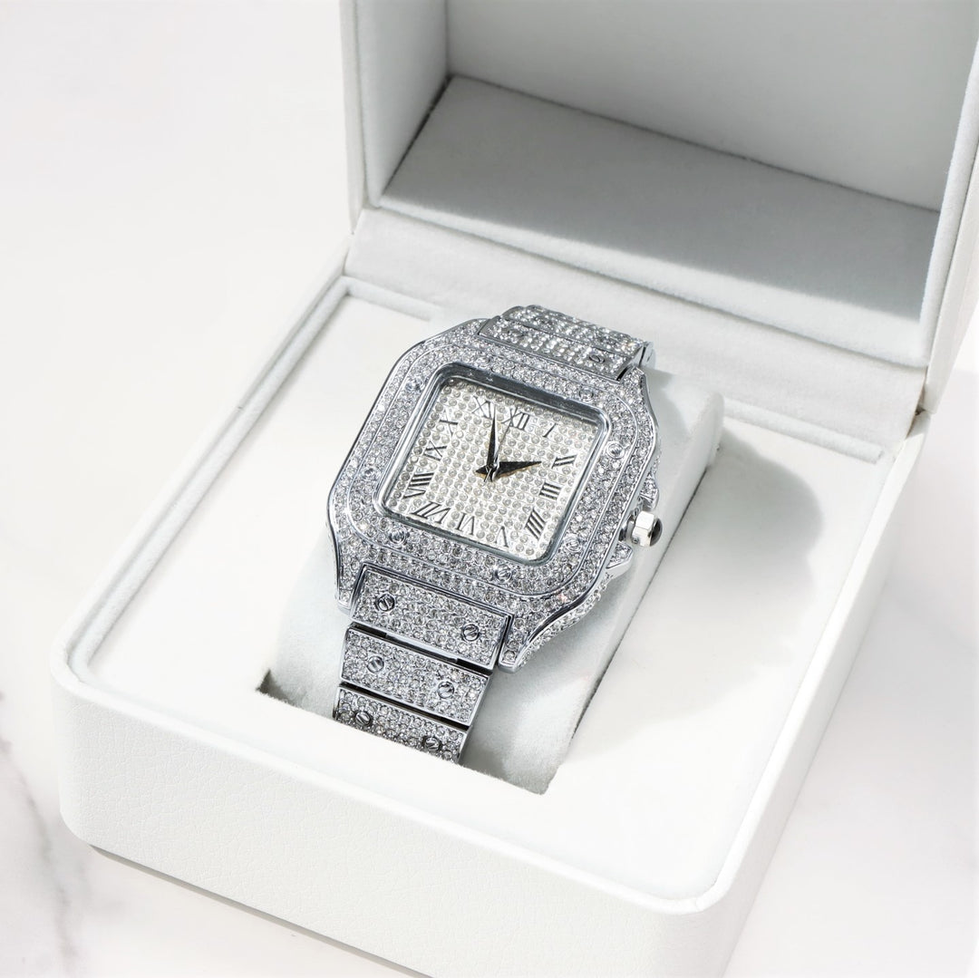 Full Iced Square Roman Numerals Stainless Steel White Gold Plated Watch