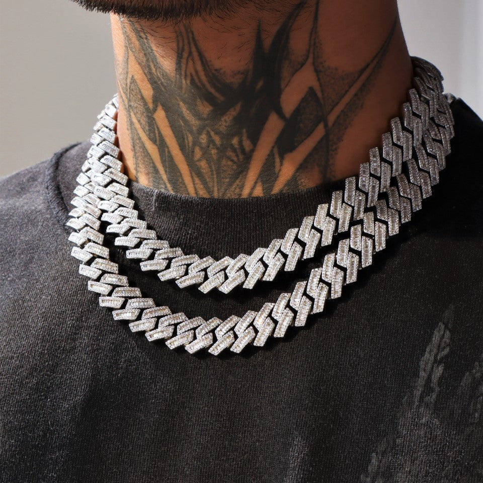 16mm Baguette Diamond Cuban Link Chain in White Gold