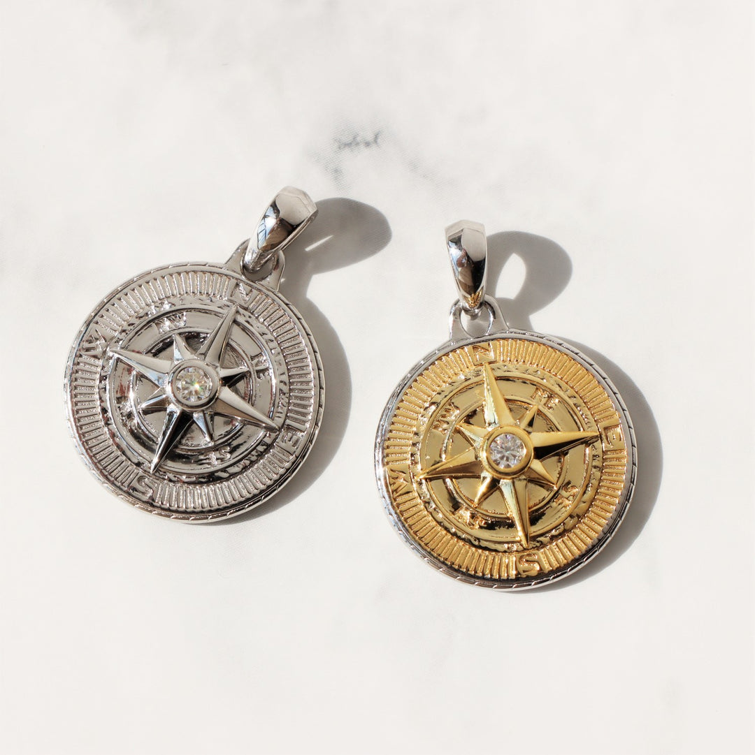 Two Tone Compass Pendant in Sterling Silver with Center Moissanite