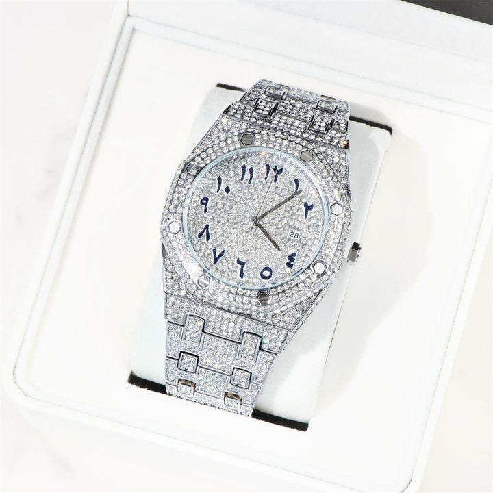 44mm Arabic Dial Full Iced Watch in White Gold