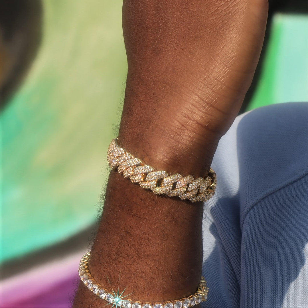 14mm Moissanite Prong Cuban Link Bracelet in Gold