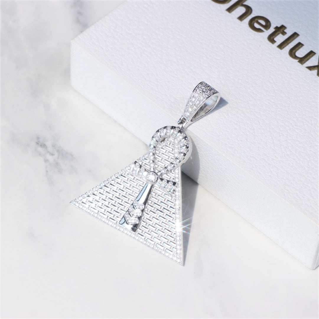 Moissanite Egyptian Ankh Cross Pyramid Pendent in Sterling Silver