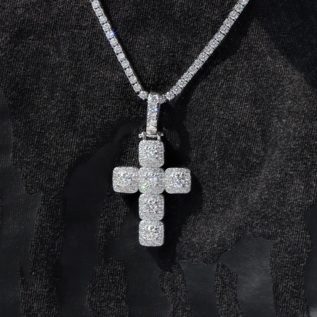 Moissanite Clustered Cross Pendant in Sterling Silver