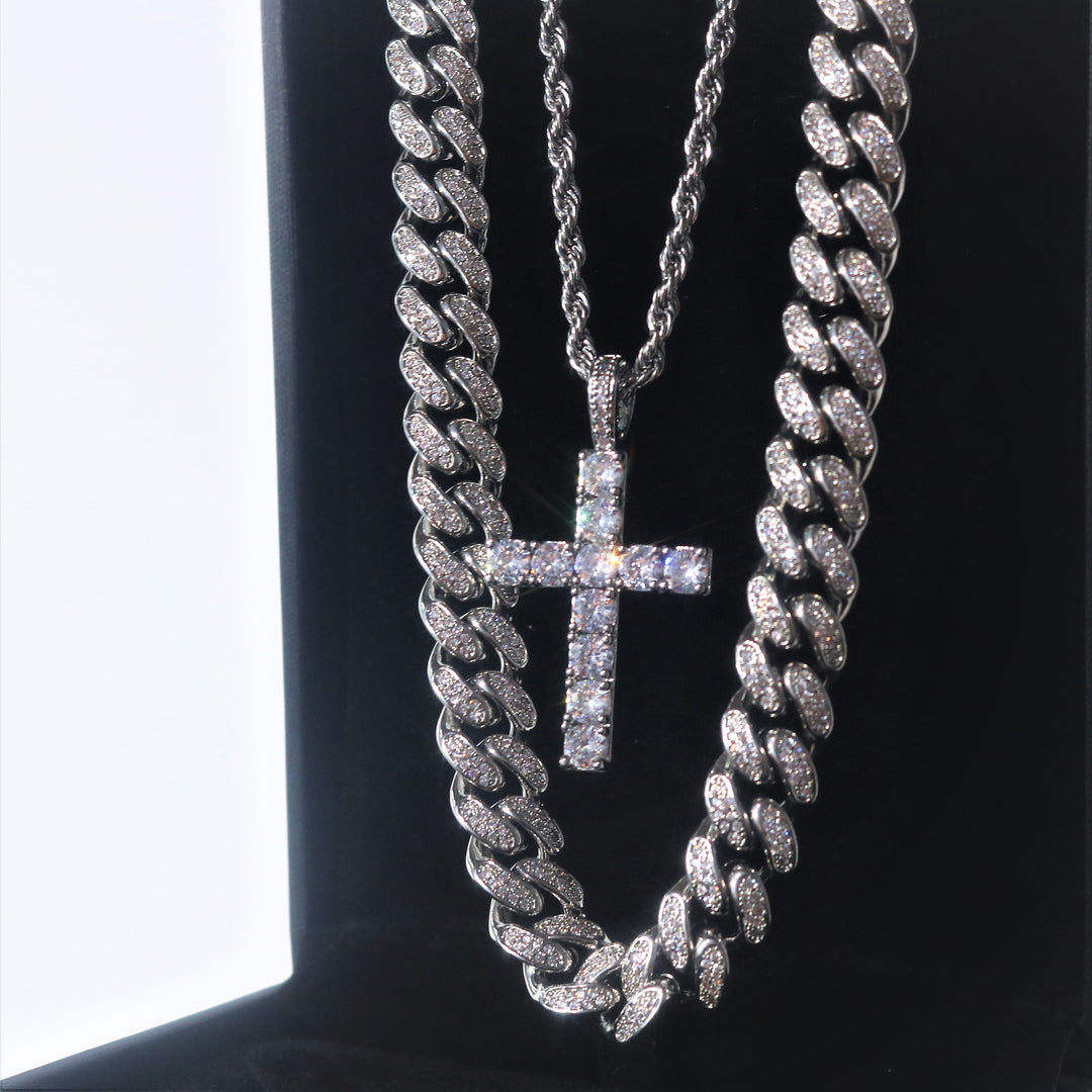 12mm Diamond Cuban Necklace + 3mm Rope Chain with Diamond Cross Pendant Bundle in White Gold