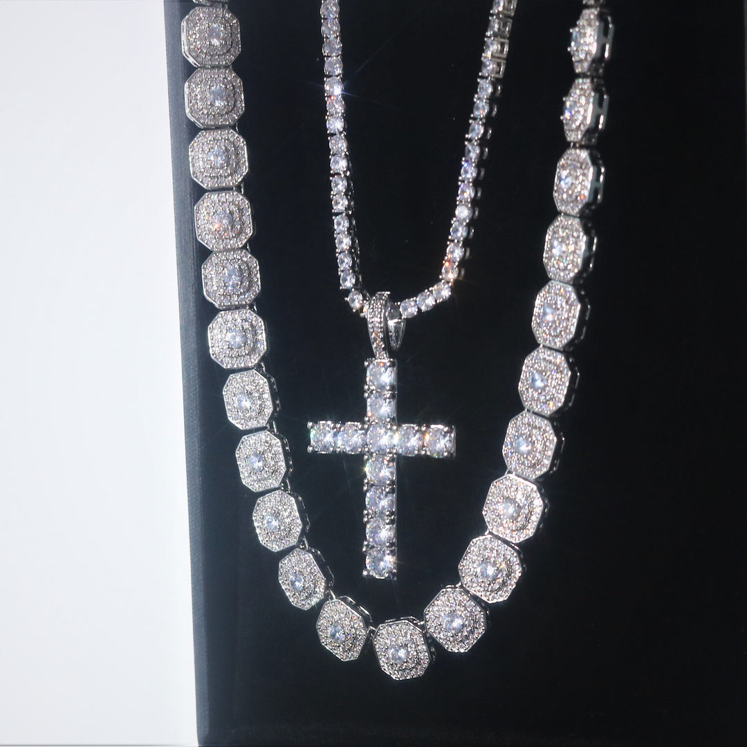 White Gold 10mm Clustered Tennis Chain + 3mm Tennis Chain with Diamond Cross Pendant Bundle