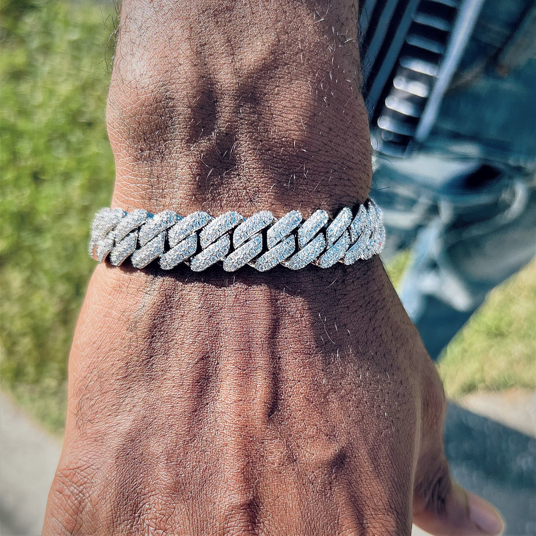 14mm Two-row Prong Cuban Link Bracelet in White Gold
