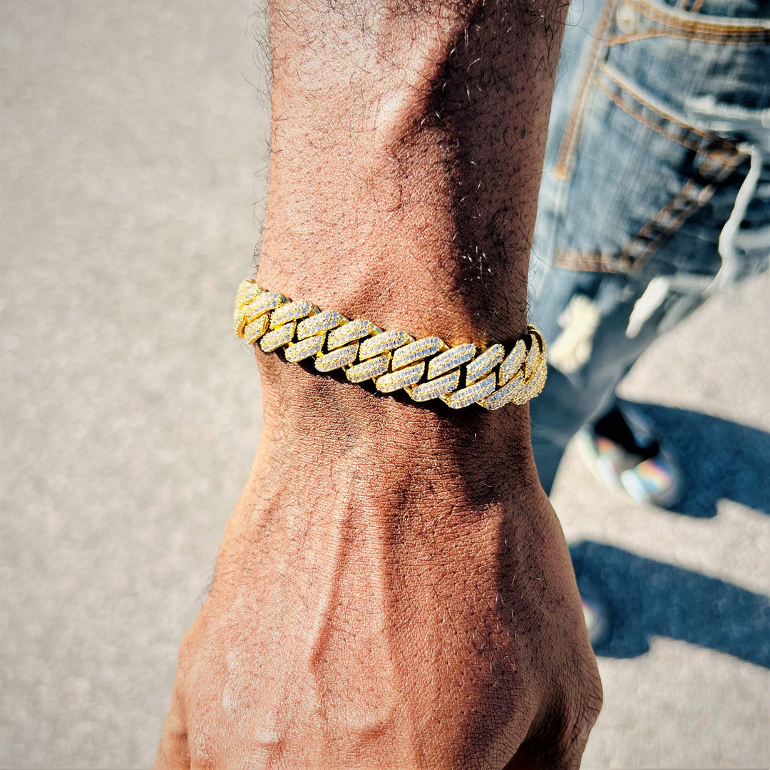14mm Two-row Prong Cuban Link Bracelet in Gold