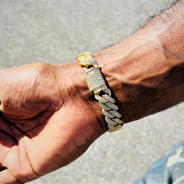 14mm Moissanite Prong Cuban Link Bracelet in Gold