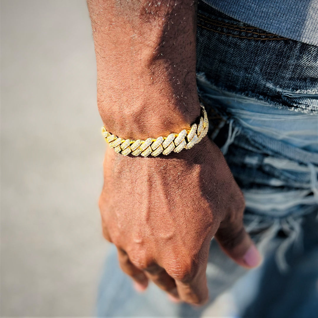 14mm Two-row Prong Cuban Link Bracelet in Gold