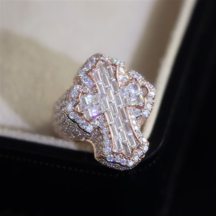 Moissanite Baguette Cross Ring in Sterling Silver