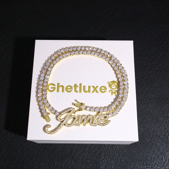 Custom Script Name Plate with 5mm Tennis Necklace