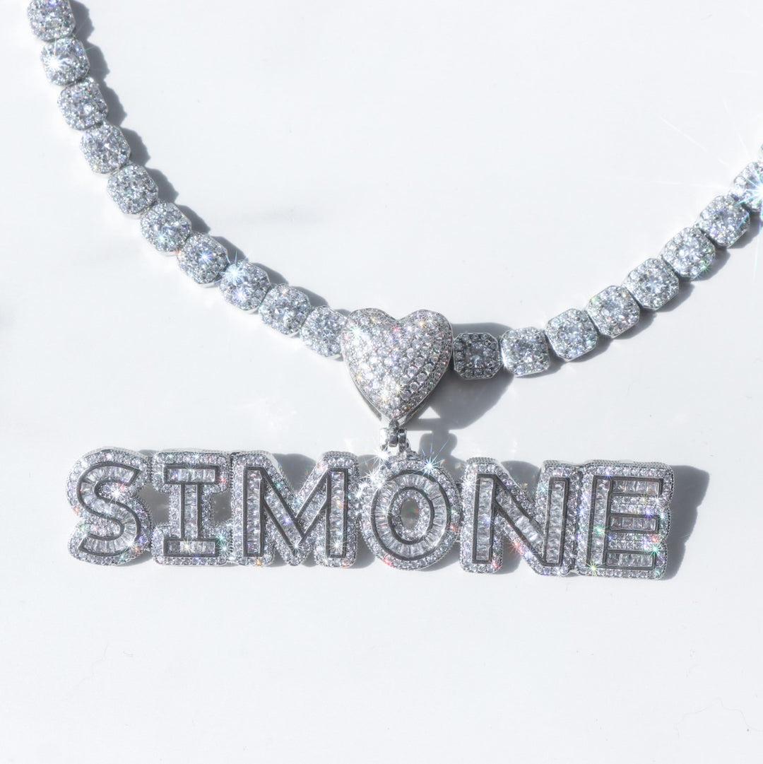 Women's Heart Bail Small Baguette Custom Name Pendant Necklace