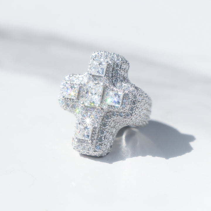 Moissanite Big Diamond Cross Ring in Sterling Silver