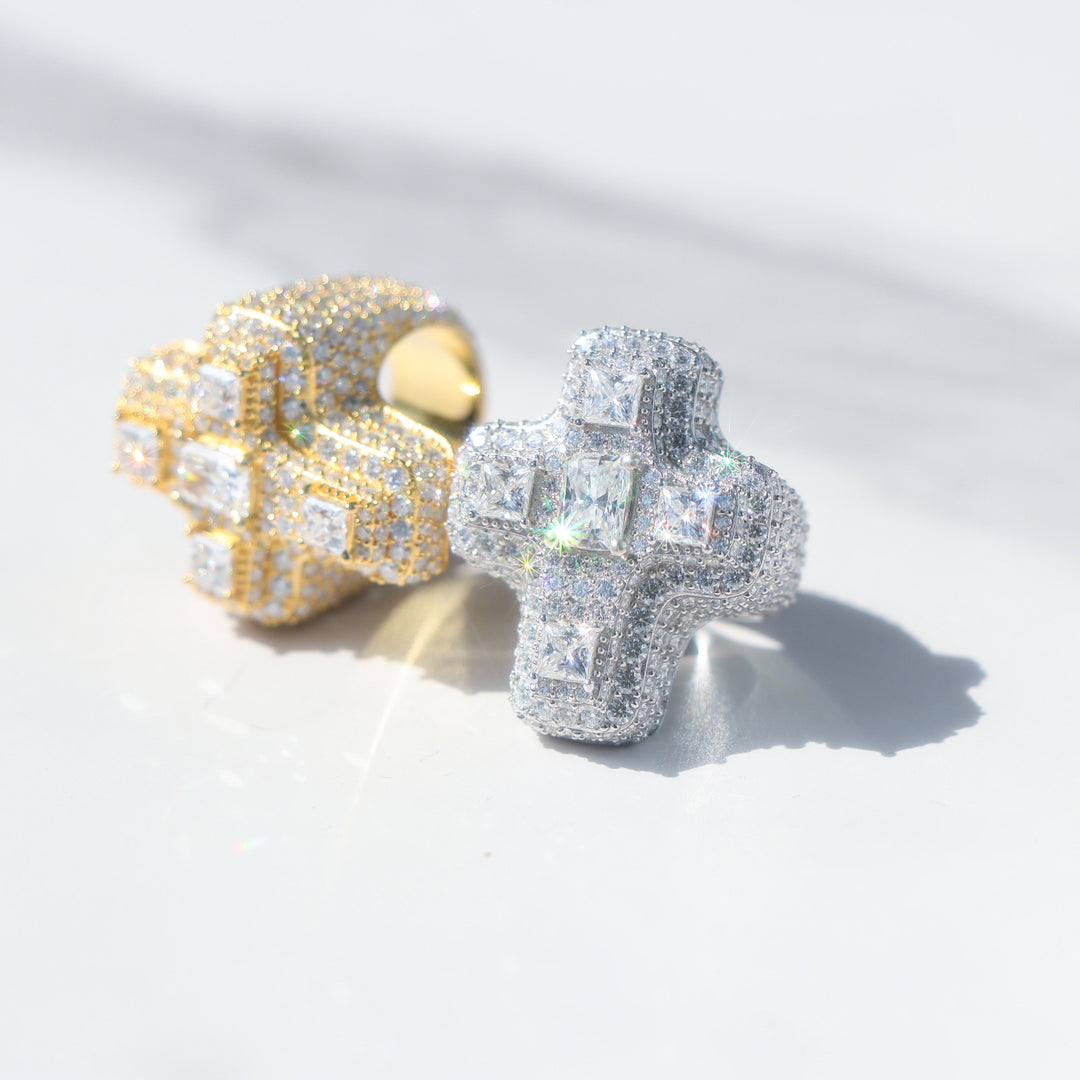 Moissanite Big Diamond Cross Ring in Sterling Silver