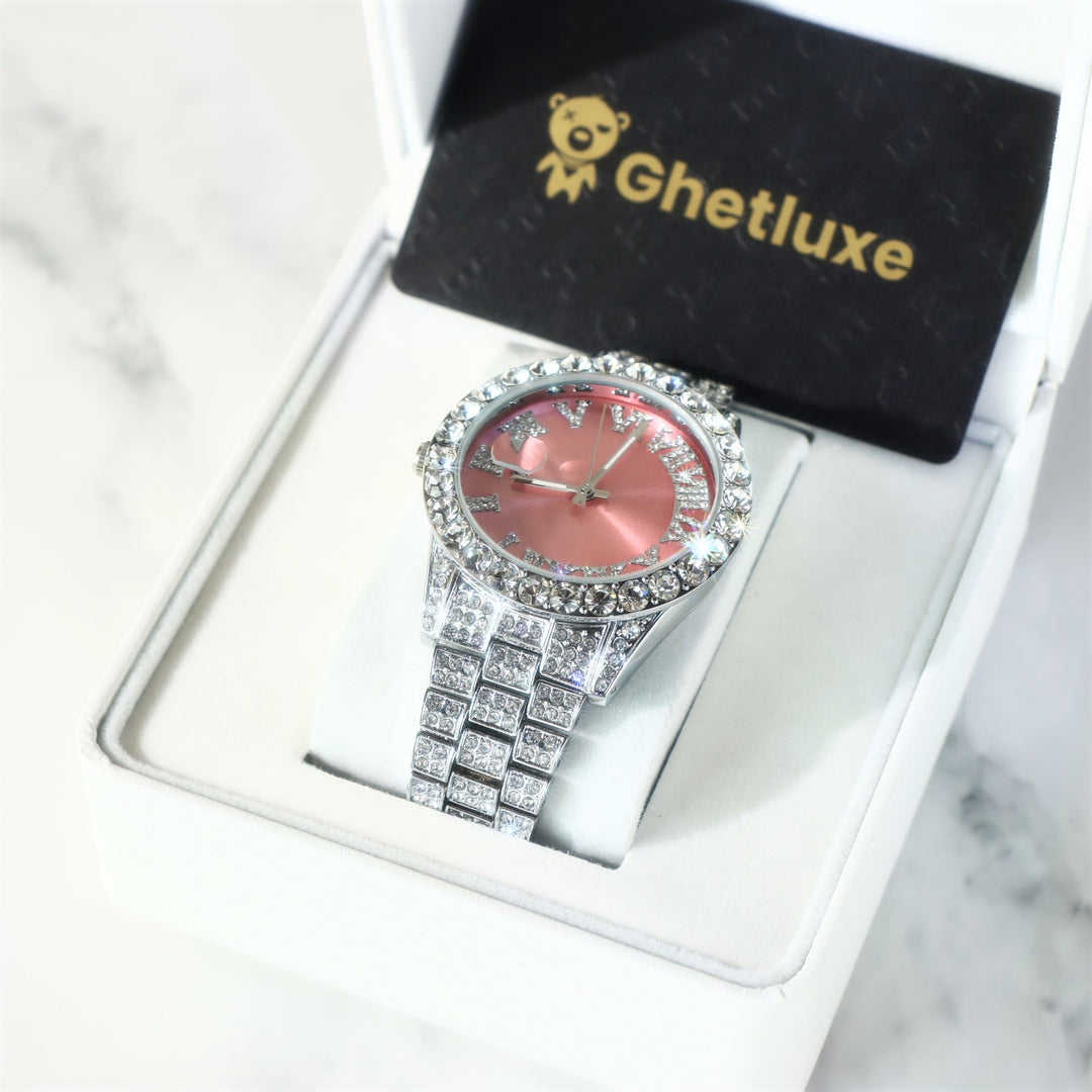 Women's Iced Watch with Roman Numerals Pink Dial