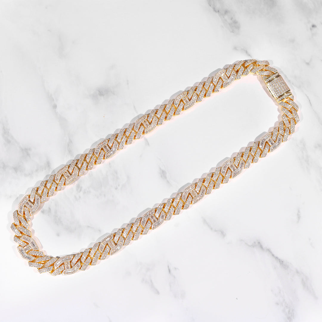 15mm Prong Baguette G-Link Chain in 18K Gold