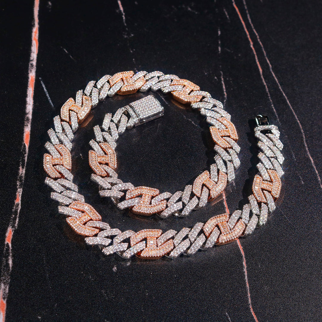 15mm Baguette Two-Tone G-Link Chain White Gold and Rose Gold Plated