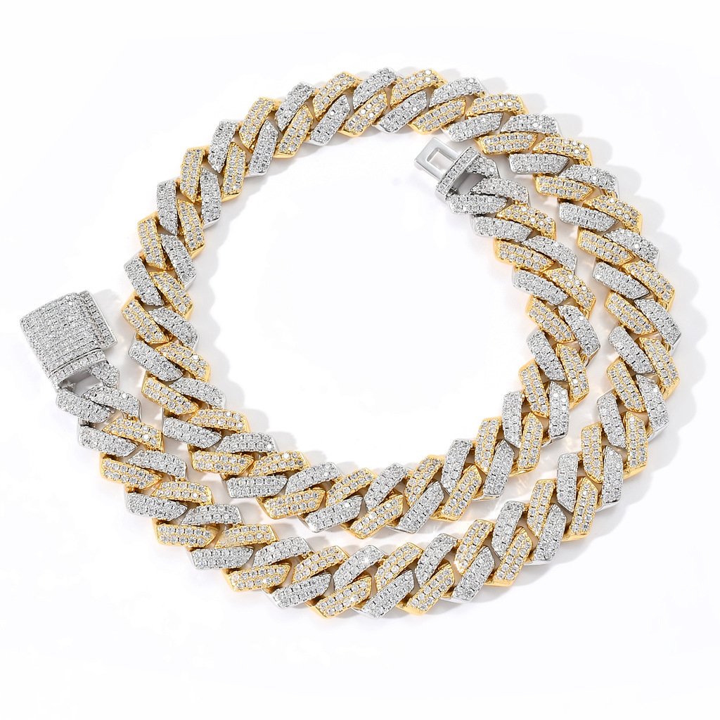 Two-Tone Iced Prong Cuban Link Chain in Gold and White Gold Plating