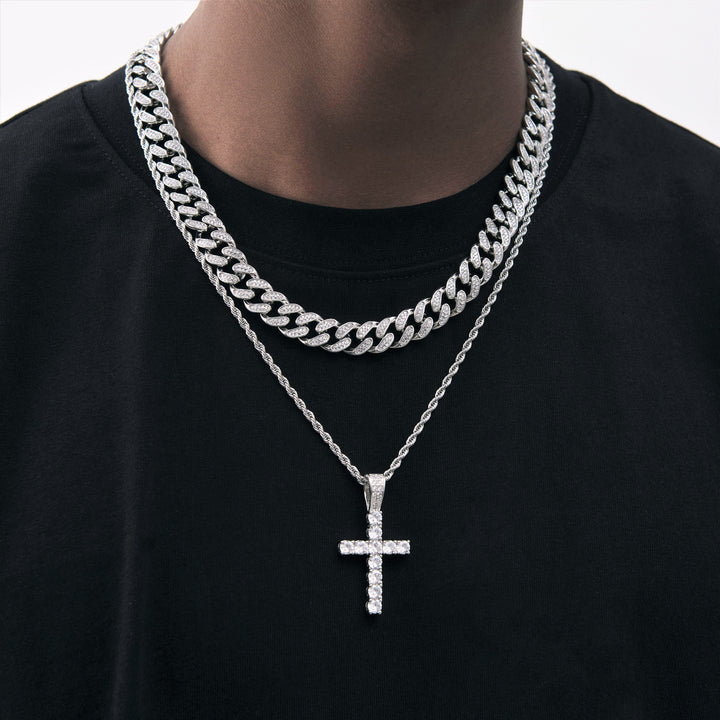 12mm Diamond Cuban Necklace + 3mm Rope Chain with Diamond Cross Pendant Bundle in White Gold
